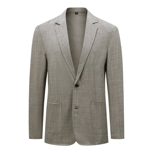 Navy # Men's solid color linen blazer, notch lapel two-button casual regular fit jacket, lightweight breathable spring fall sport coat for daily wear, weddings and banquets, no back vent design, isolated on white background.