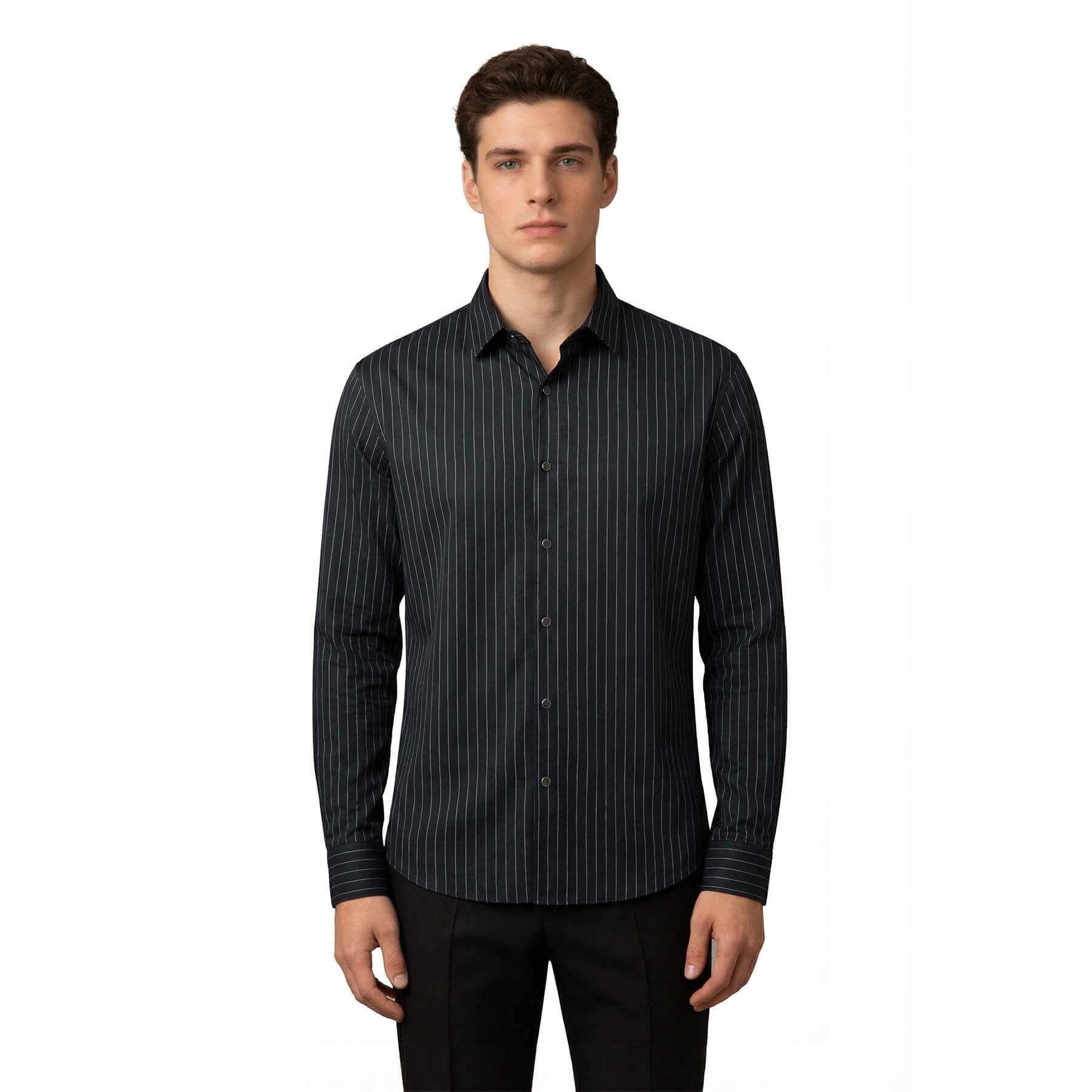 White # Men's slim fit pinstripe dress shirt, stretch non-iron button down shirt with spread collar, business casual formal wear for office, daily work and special events, isolated on white background.