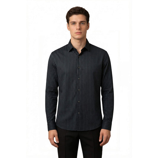 White # Men's slim fit pinstripe dress shirt, stretch non-iron button down shirt with spread collar, business casual formal wear for office, daily work and special events, isolated on white background.