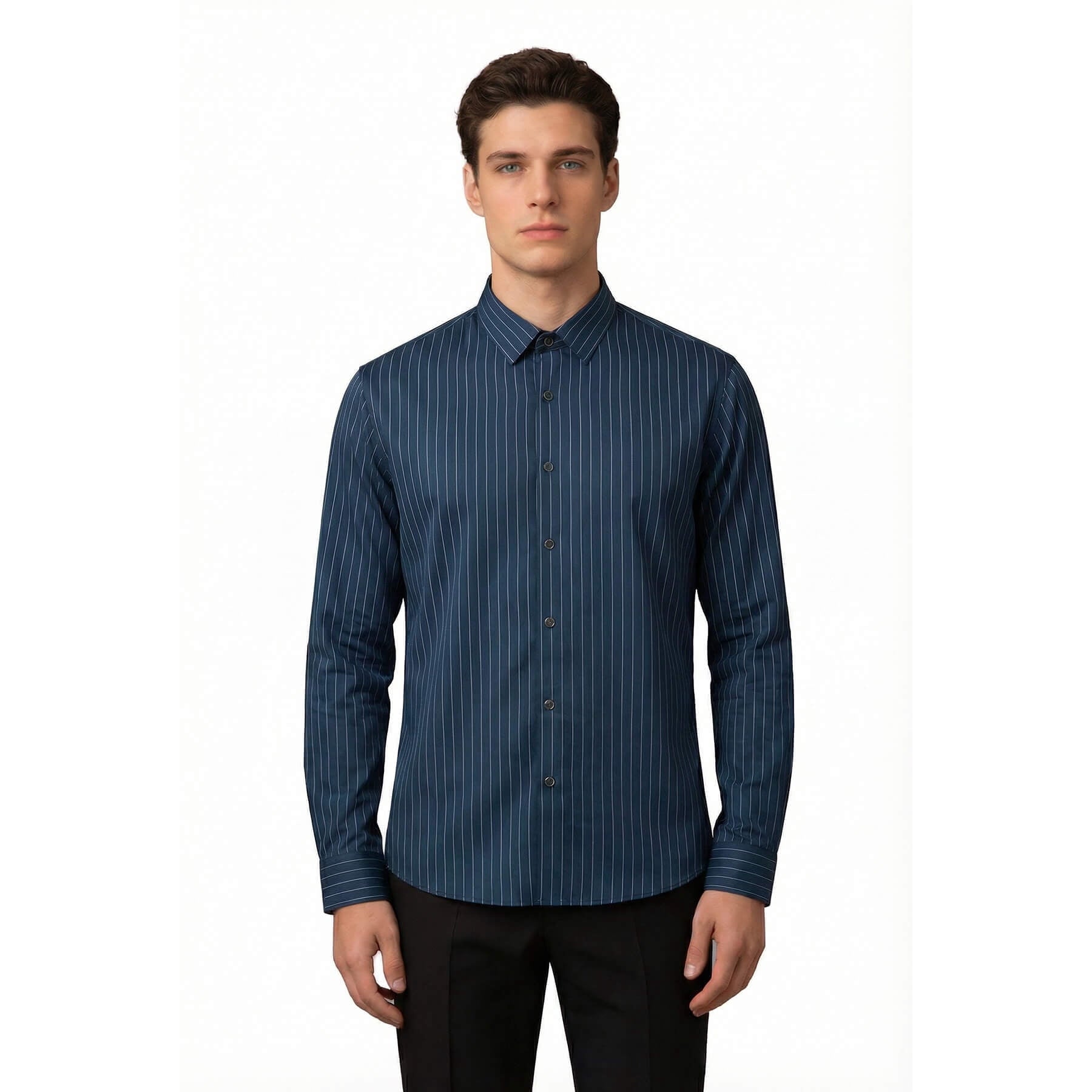 White # Men's slim fit pinstripe dress shirt, stretch non-iron button down shirt with spread collar, business casual formal wear for office, daily work and special events, isolated on white background.
