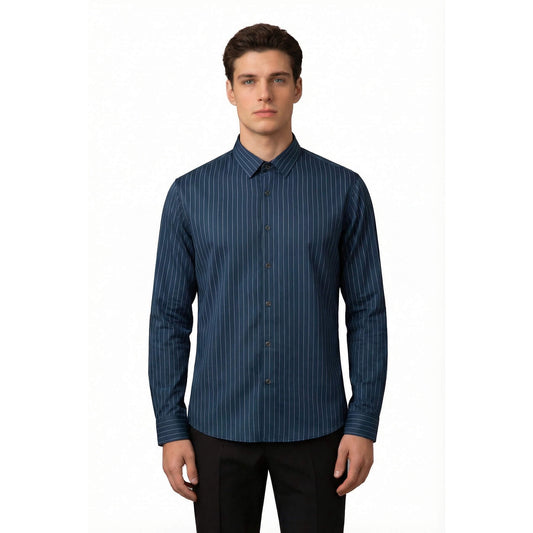 White # Men's slim fit pinstripe dress shirt, stretch non-iron button down shirt with spread collar, business casual formal wear for office, daily work and special events, isolated on white background.