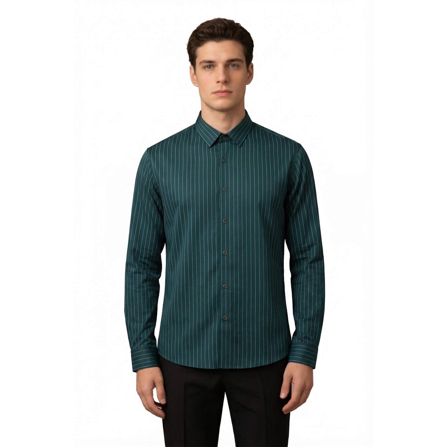 White # Men's slim fit pinstripe dress shirt, stretch non-iron button down shirt with spread collar, business casual formal wear for office, daily work and special events, isolated on white background.