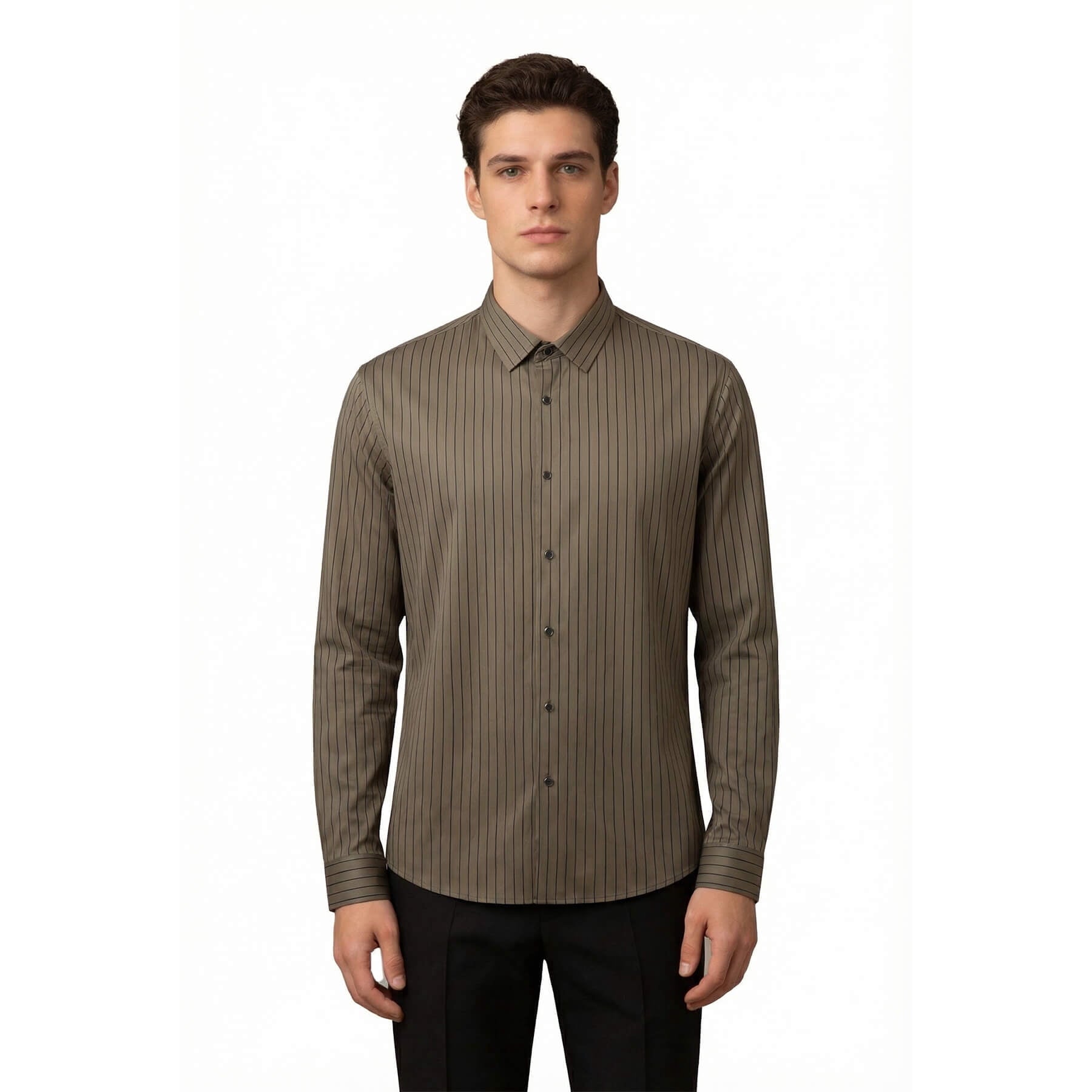 White # Men's slim fit pinstripe dress shirt, stretch non-iron button down shirt with spread collar, business casual formal wear for office, daily work and special events, isolated on white background.