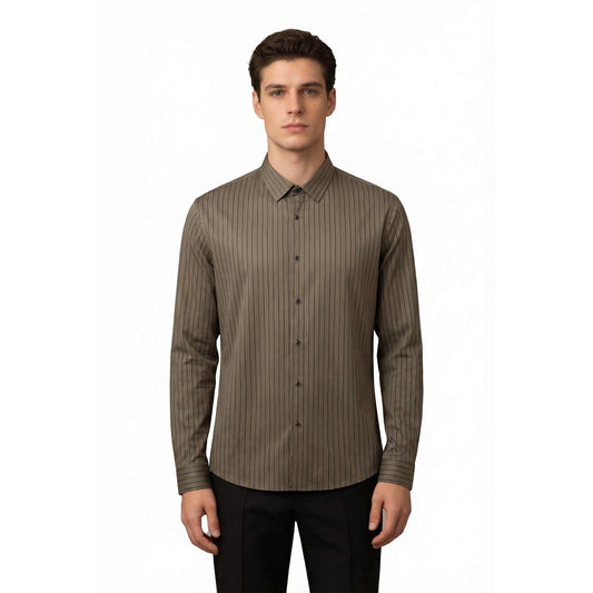White # Men's slim fit pinstripe dress shirt, stretch non-iron button down shirt with spread collar, business casual formal wear for office, daily work and special events, isolated on white background.