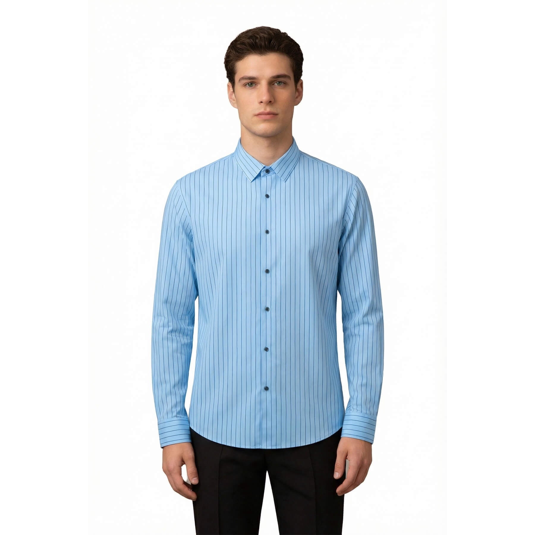 White # Men's slim fit pinstripe dress shirt, stretch non-iron button down shirt with spread collar, business casual formal wear for office, daily work and special events, isolated on white background.