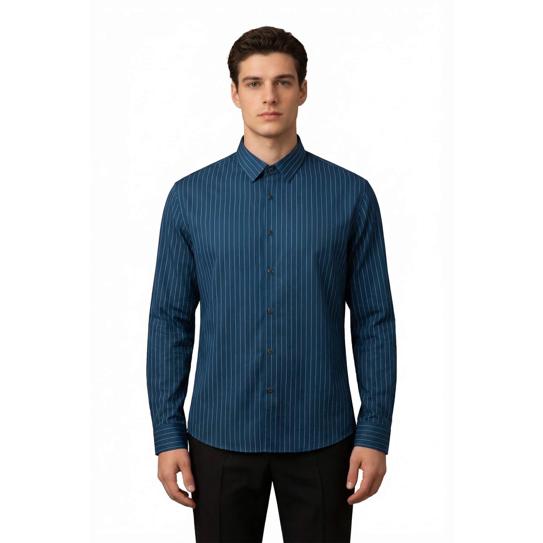 White # Men's slim fit pinstripe dress shirt, stretch non-iron button down shirt with spread collar, business casual formal wear for office, daily work and special events, isolated on white background.