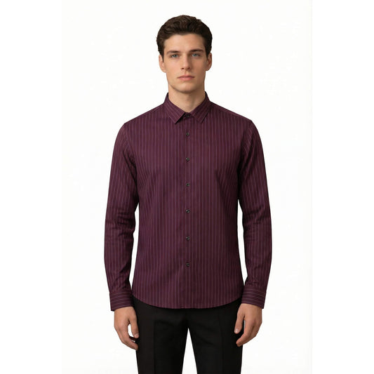 White # Men's slim fit pinstripe dress shirt, stretch non-iron button down shirt with spread collar, business casual formal wear for office, daily work and special events, isolated on white background.
