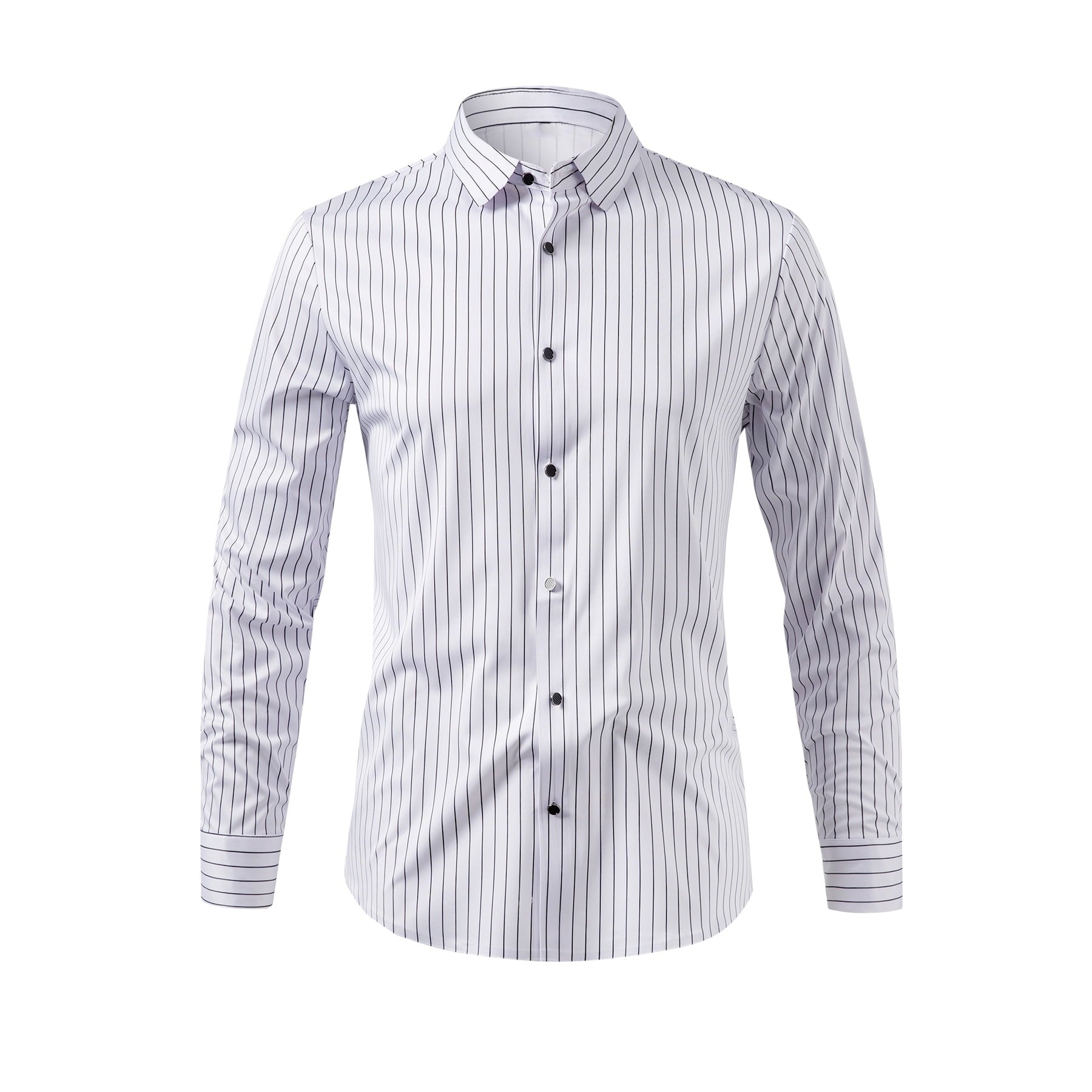 White # Men's slim fit pinstripe dress shirt, stretch non-iron button down shirt with spread collar, business casual formal wear for office, daily work and special events, isolated on white background.