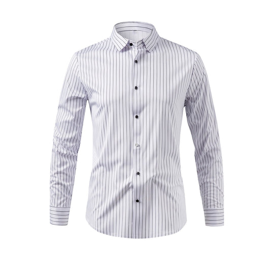 White # Men's slim fit pinstripe dress shirt, stretch non-iron button down shirt with spread collar, business casual formal wear for office, daily work and special events, isolated on white background.