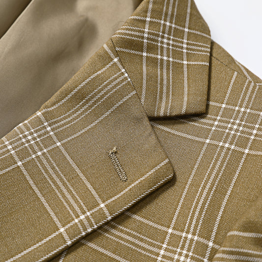 Brown Plaid # Men's slim fit plaid suit, formal checkered blazer jacket with matching trousers, vintage brown tartan two-piece set for business, wedding, prom, and daily office wear, isolated on white background.