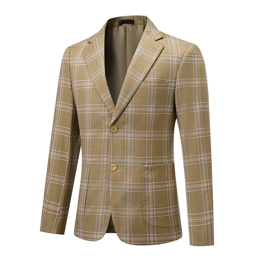 Brown Plaid # Men's slim fit plaid suit, formal checkered blazer jacket with matching trousers, vintage brown tartan two-piece set for business, wedding, prom, and daily office wear, isolated on white background.