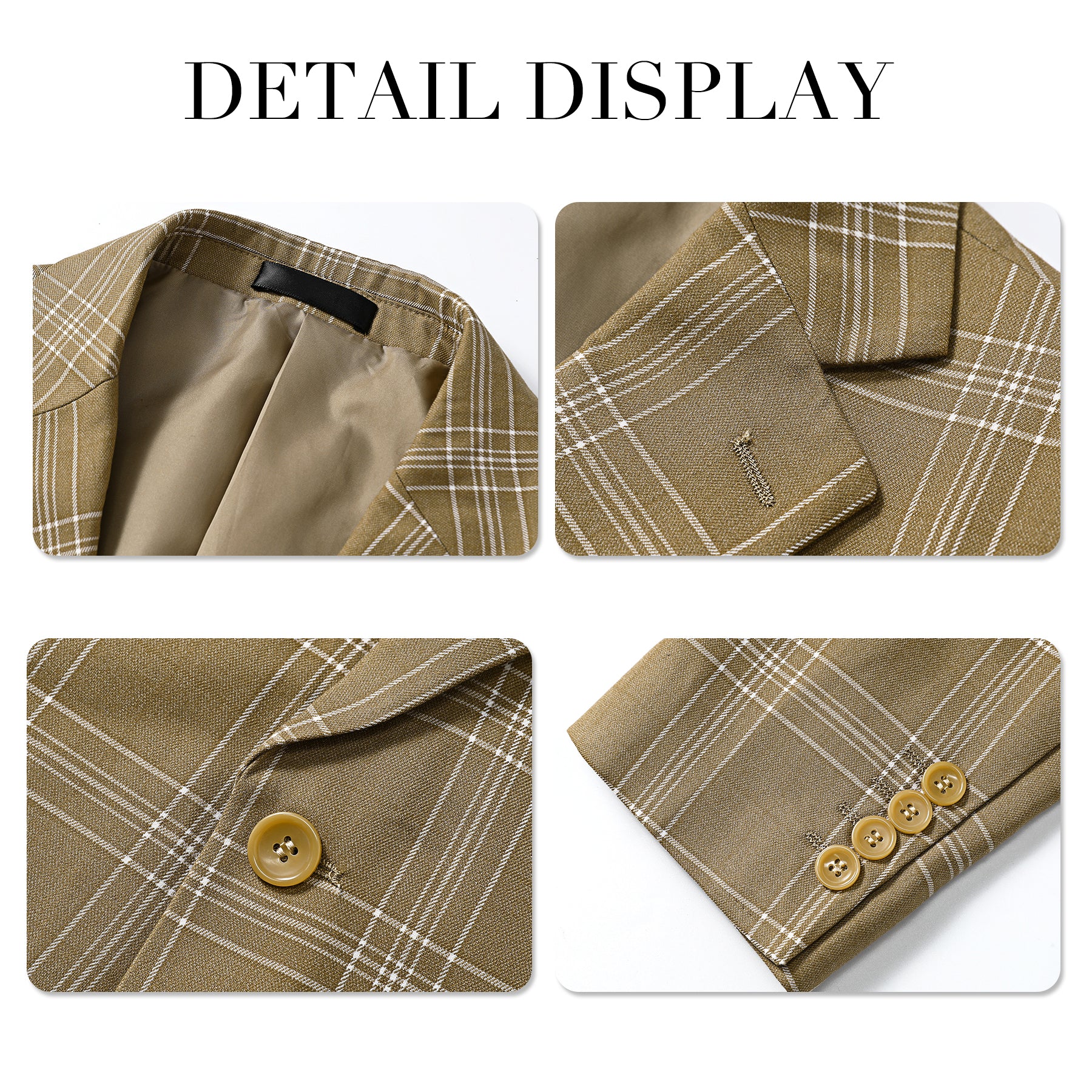 Brown Plaid # Men's slim fit plaid suit, formal checkered blazer jacket with matching trousers, vintage brown tartan two-piece set for business, wedding, prom, and daily office wear, isolated on white background.