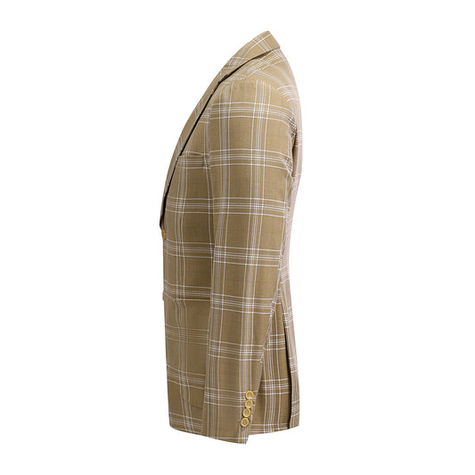 Brown Plaid # Men's slim fit plaid suit, formal checkered blazer jacket with matching trousers, vintage brown tartan two-piece set for business, wedding, prom, and daily office wear, isolated on white background.