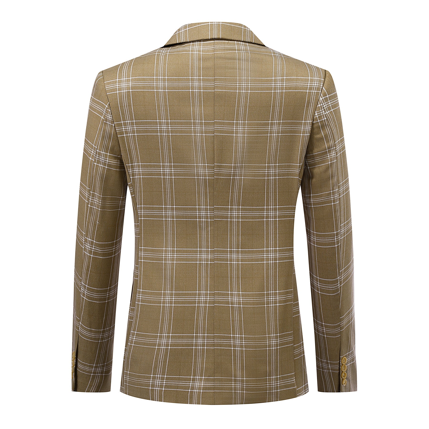 Brown Plaid # Men's slim fit plaid suit, formal checkered blazer jacket with matching trousers, vintage brown tartan two-piece set for business, wedding, prom, and daily office wear, isolated on white background.