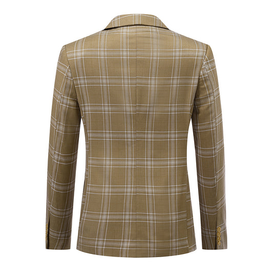 Brown Plaid # Men's slim fit plaid suit, formal checkered blazer jacket with matching trousers, vintage brown tartan two-piece set for business, wedding, prom, and daily office wear, isolated on white background.