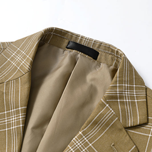 Brown Plaid # Men's slim fit plaid suit, formal checkered blazer jacket with matching trousers, vintage brown tartan two-piece set for business, wedding, prom, and daily office wear, isolated on white background.