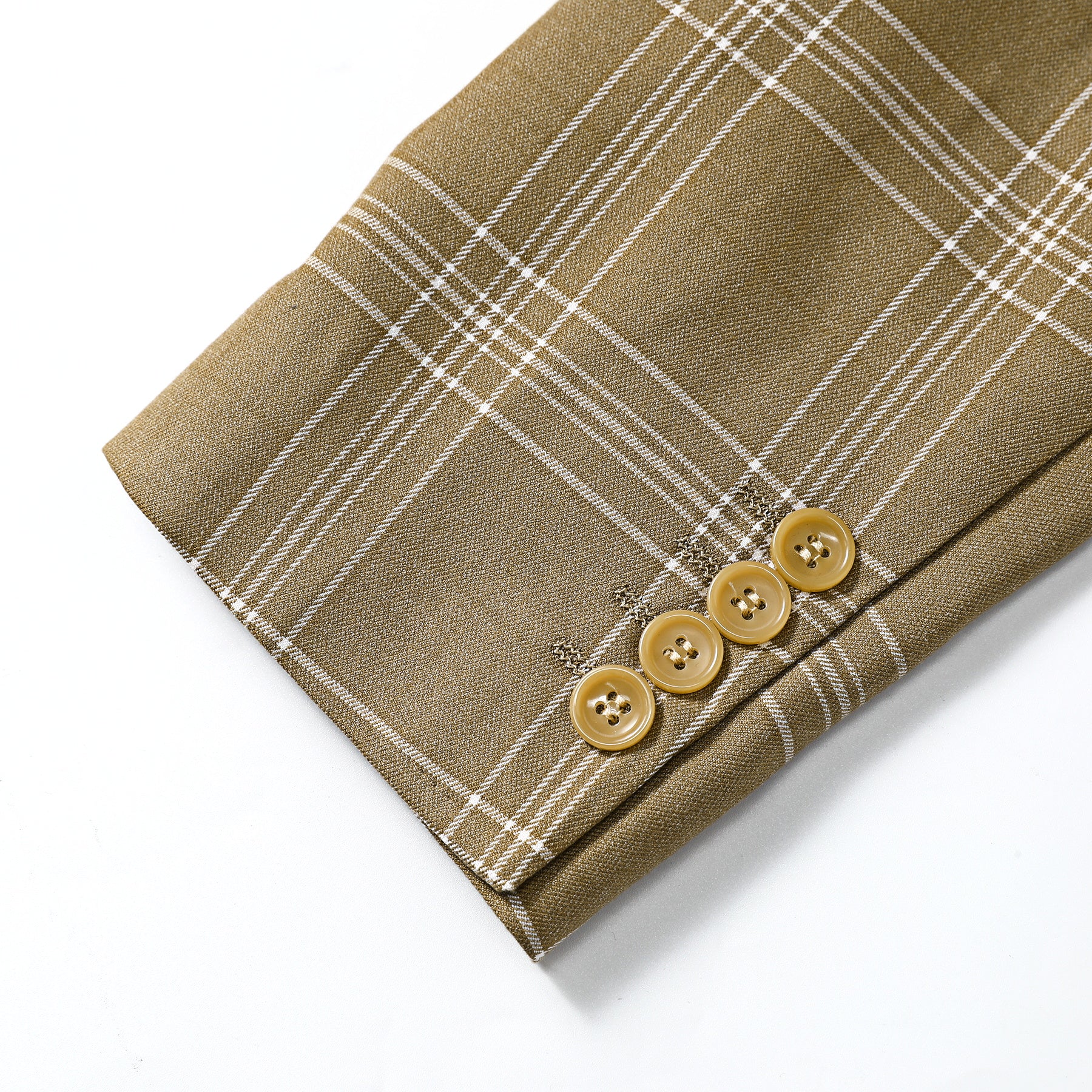 Brown Plaid # Men's slim fit plaid suit, formal checkered blazer jacket with matching trousers, vintage brown tartan two-piece set for business, wedding, prom, and daily office wear, isolated on white background.