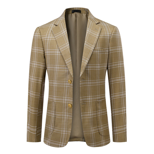 Brown Plaid # Men's slim fit plaid suit, formal checkered blazer jacket with matching trousers, vintage brown tartan two-piece set for business, wedding, prom, and daily office wear, isolated on white background.