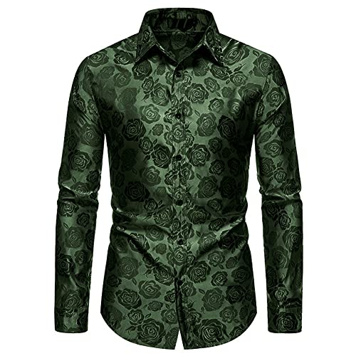 Green # Men's slim fit rose printed casual shirt, long sleeve crew neck with floral pattern, soft and comfortable polyester spandex fabric, stylish green print top for party, stage, prom, wedding and daily wear, isolated on white background.