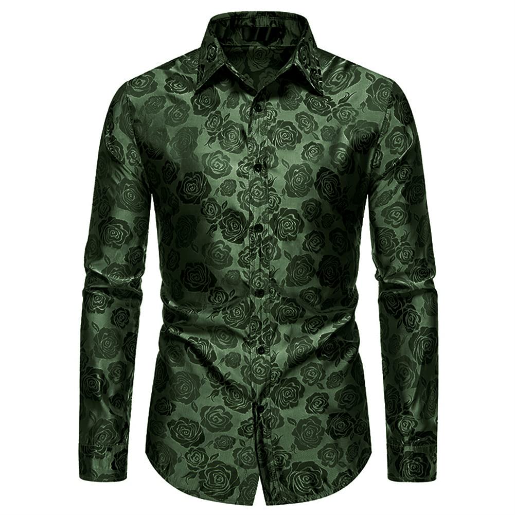 Green # Men's slim fit rose printed casual shirt, long sleeve crew neck with floral pattern, soft and comfortable polyester spandex fabric, stylish green print top for party, stage, prom, wedding and daily wear, isolated on white background.