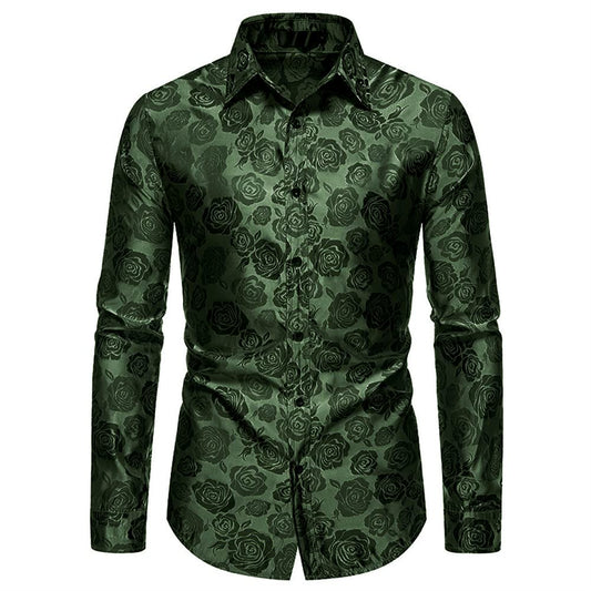 Green # Men's slim fit rose printed casual shirt, long sleeve crew neck with floral pattern, soft and comfortable polyester spandex fabric, stylish green print top for party, stage, prom, wedding and daily wear, isolated on white background.