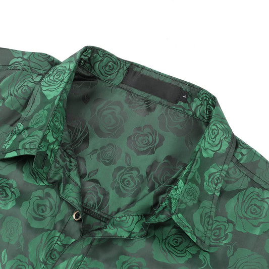 Green # Men's slim fit rose printed casual shirt, long sleeve crew neck with floral pattern, soft and comfortable polyester spandex fabric, stylish green print top for party, stage, prom, wedding and daily wear, isolated on white background.