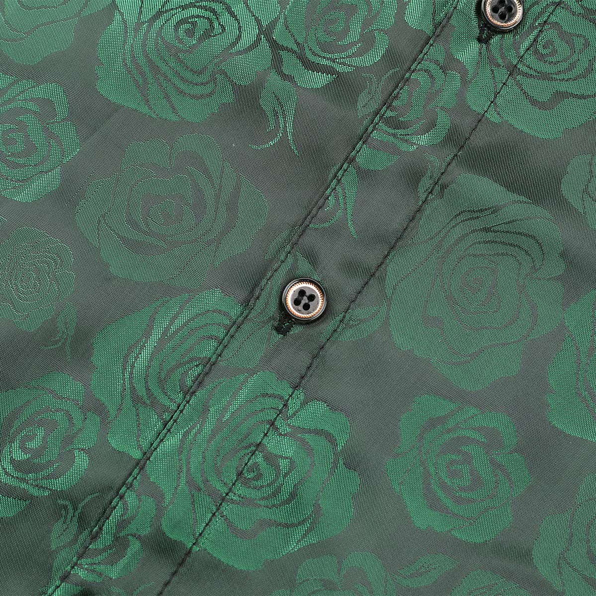 Green # Men's slim fit rose printed casual shirt, long sleeve crew neck with floral pattern, soft and comfortable polyester spandex fabric, stylish green print top for party, stage, prom, wedding and daily wear, isolated on white background.