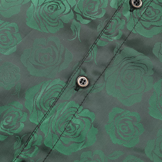 Green # Men's slim fit rose printed casual shirt, long sleeve crew neck with floral pattern, soft and comfortable polyester spandex fabric, stylish green print top for party, stage, prom, wedding and daily wear, isolated on white background.