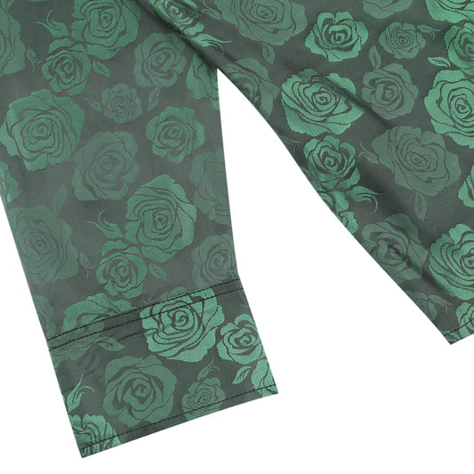 Green # Men's slim fit rose printed casual shirt, long sleeve crew neck with floral pattern, soft and comfortable polyester spandex fabric, stylish green print top for party, stage, prom, wedding and daily wear, isolated on white background.