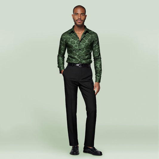 Green # Men's slim fit rose printed casual shirt, long sleeve crew neck with floral pattern, soft and comfortable polyester spandex fabric, stylish green print top for party, stage, prom, wedding and daily wear, isolated on white background.