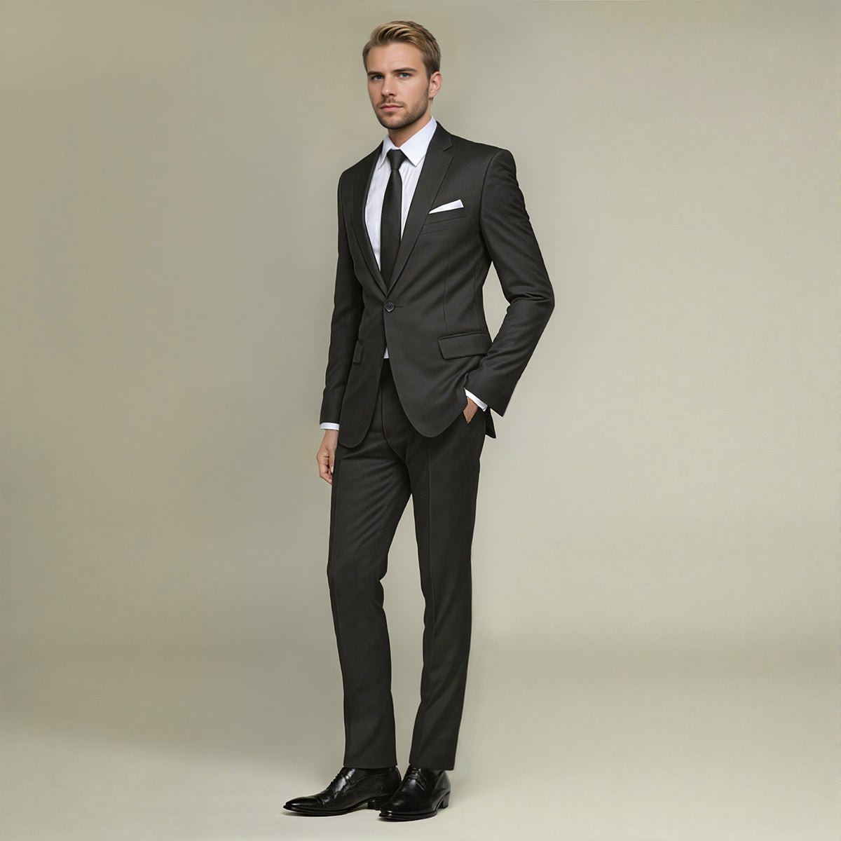 Black # Men's slim fit 2-piece simple designed black suit, classic peaked lapel blazer with flat front pants, versatile formal wear for business meetings, weddings, and daily office, isolated on white background.