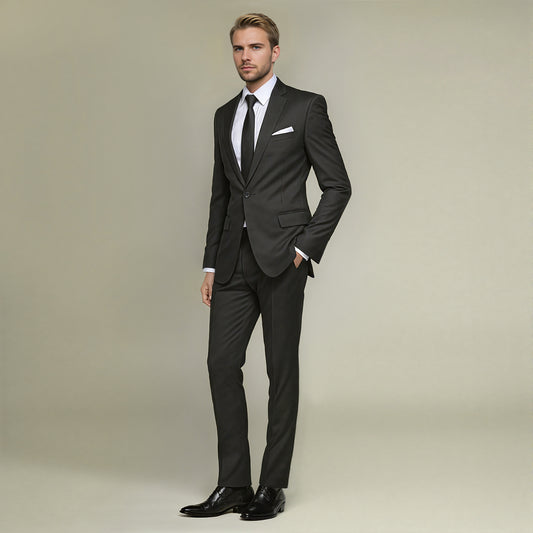 Black # Men's slim fit 2-piece simple designed black suit, classic peaked lapel blazer with flat front pants, versatile formal wear for business meetings, weddings, and daily office, isolated on white background.