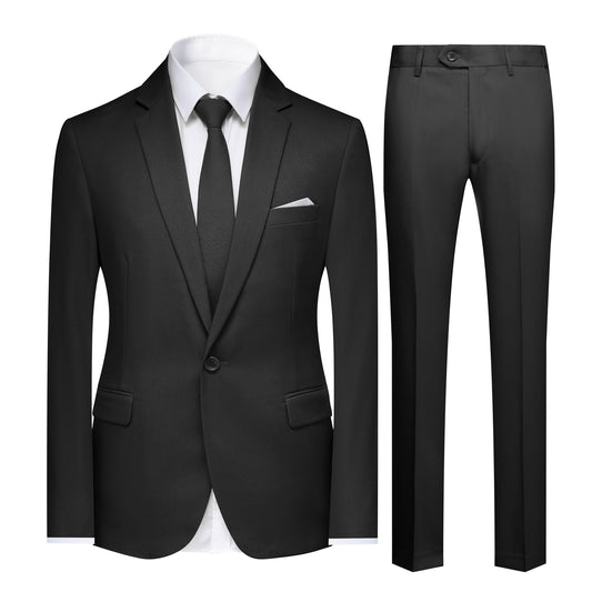 Black # Men's slim fit 2-piece simple designed black suit, classic peaked lapel blazer with flat front pants, versatile formal wear for business meetings, weddings, and daily office, isolated on white background.