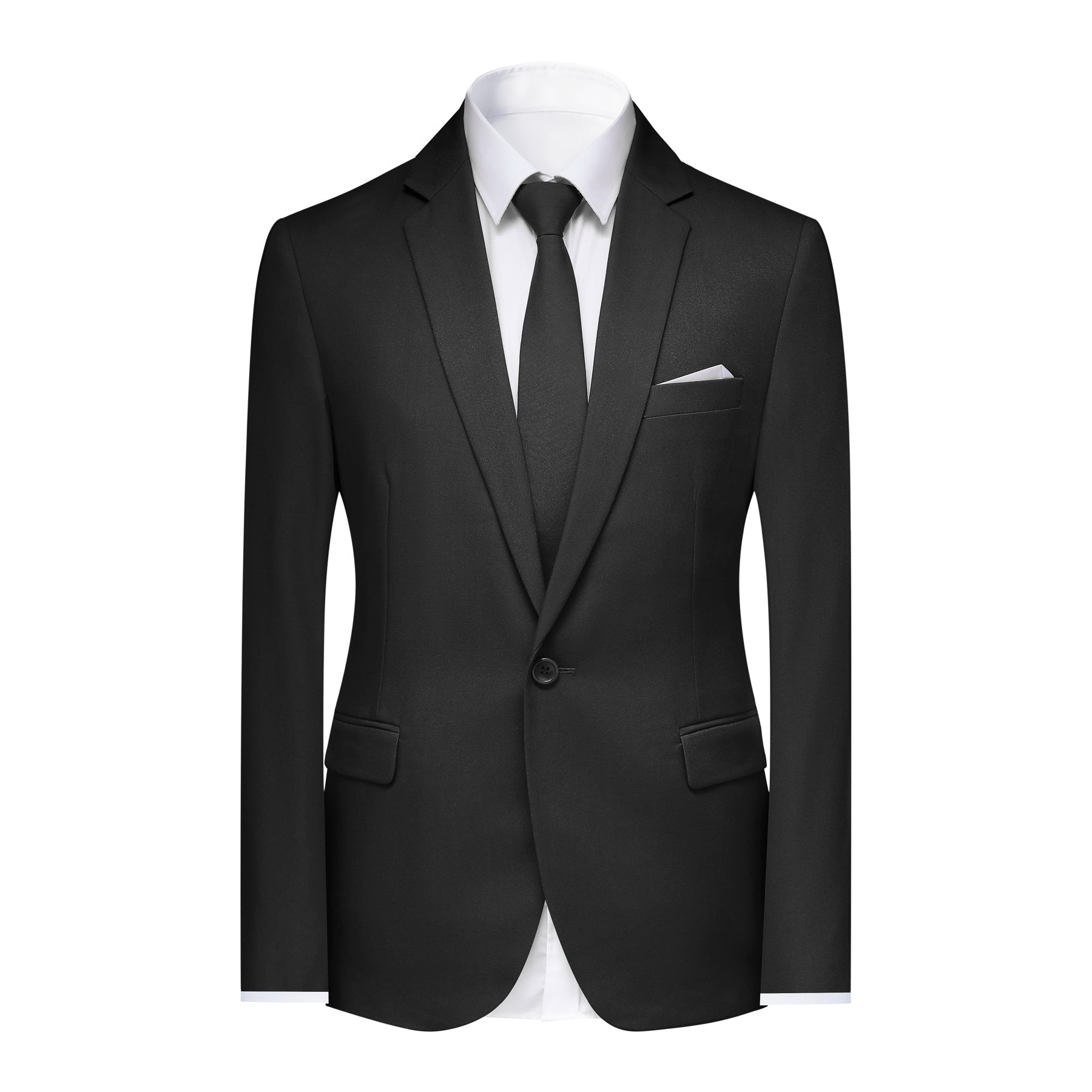 Black # Men's slim fit 2-piece simple designed black suit, classic peaked lapel blazer with flat front pants, versatile formal wear for business meetings, weddings, and daily office, isolated on white background.