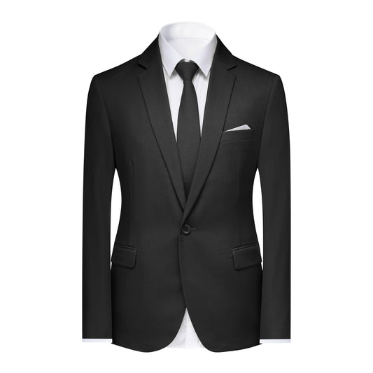 Black # Men's slim fit 2-piece simple designed black suit, classic peaked lapel blazer with flat front pants, versatile formal wear for business meetings, weddings, and daily office, isolated on white background.