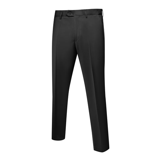 Black # Men's slim fit 2-piece simple designed black suit, classic peaked lapel blazer with flat front pants, versatile formal wear for business meetings, weddings, and daily office, isolated on white background.