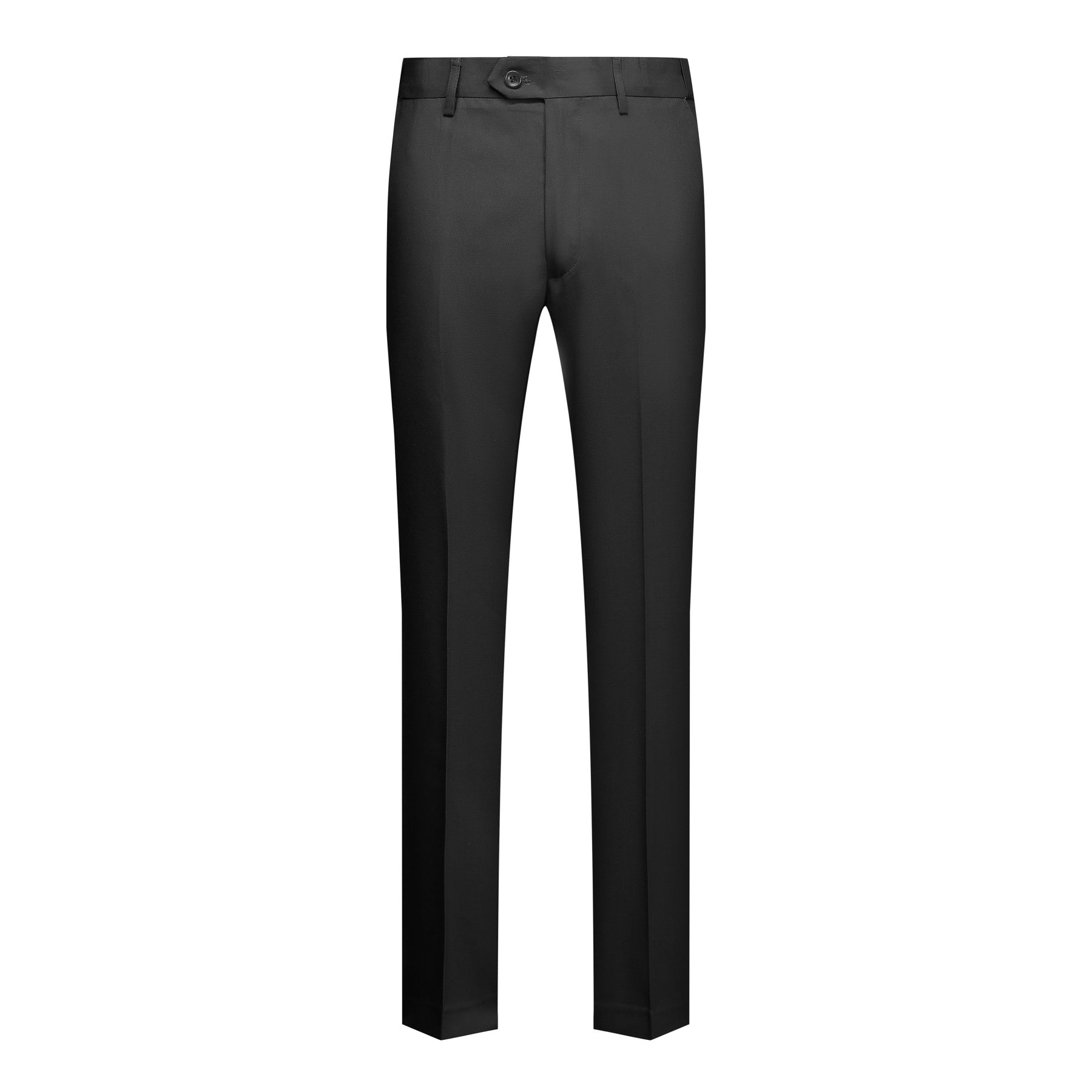 Black # Men's slim fit 2-piece simple designed black suit, classic peaked lapel blazer with flat front pants, versatile formal wear for business meetings, weddings, and daily office, isolated on white background.