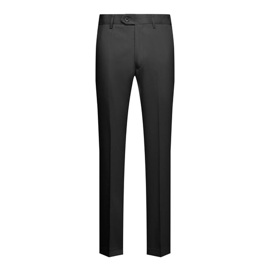 Black # Men's slim fit 2-piece simple designed black suit, classic peaked lapel blazer with flat front pants, versatile formal wear for business meetings, weddings, and daily office, isolated on white background.