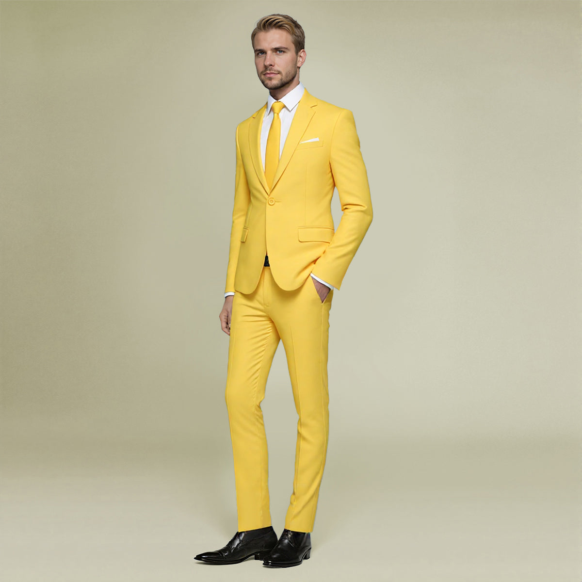 Yellow # Men's slim fit 2-piece suit set, solid yellow dress blazer and flat-front pants, single-breasted peaked lapel suit for casual business, wedding, prom and daily office wear, isolated on white background.