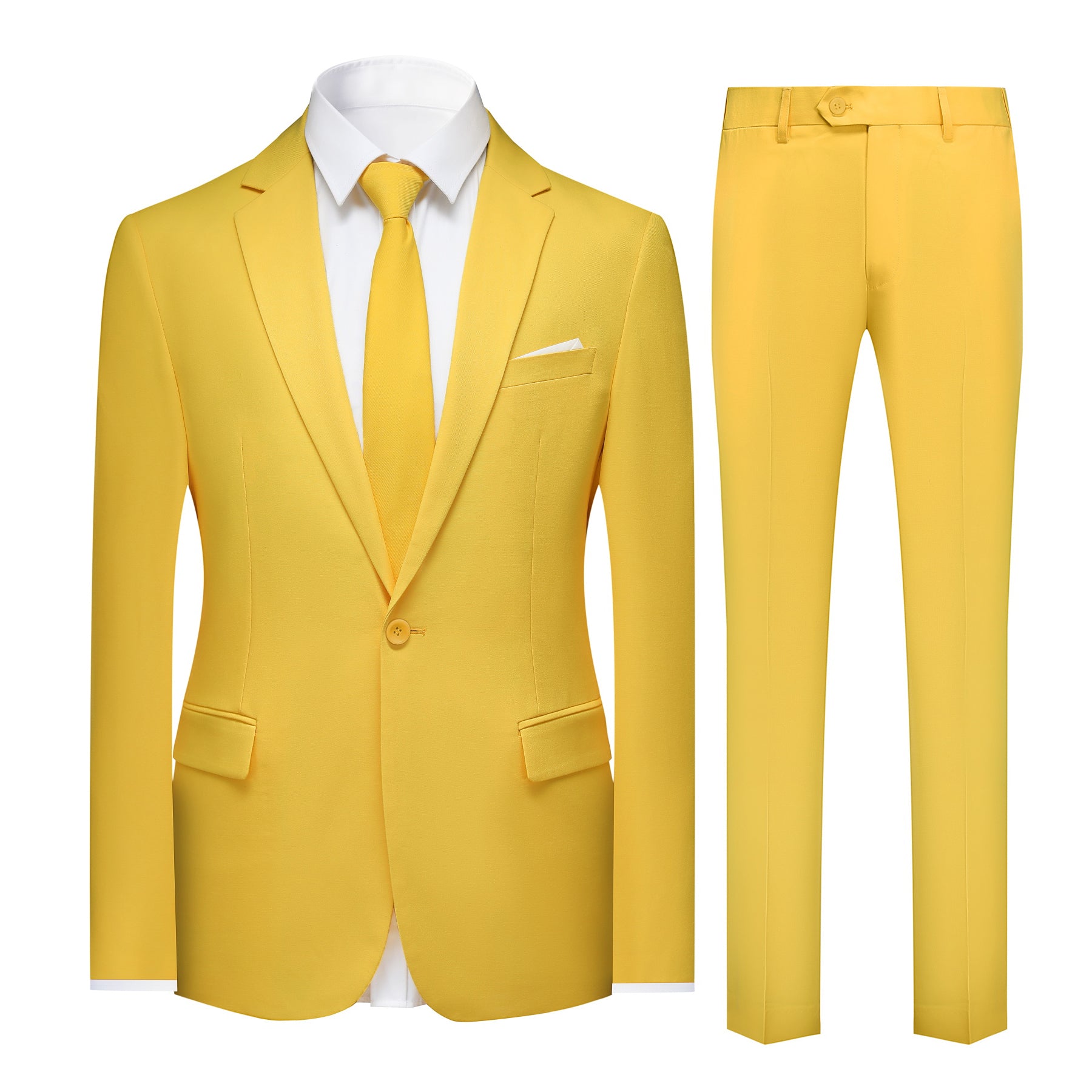 Yellow # Men's slim fit 2-piece suit set, solid yellow dress blazer and flat-front pants, single-breasted peaked lapel suit for casual business, wedding, prom and daily office wear, isolated on white background.