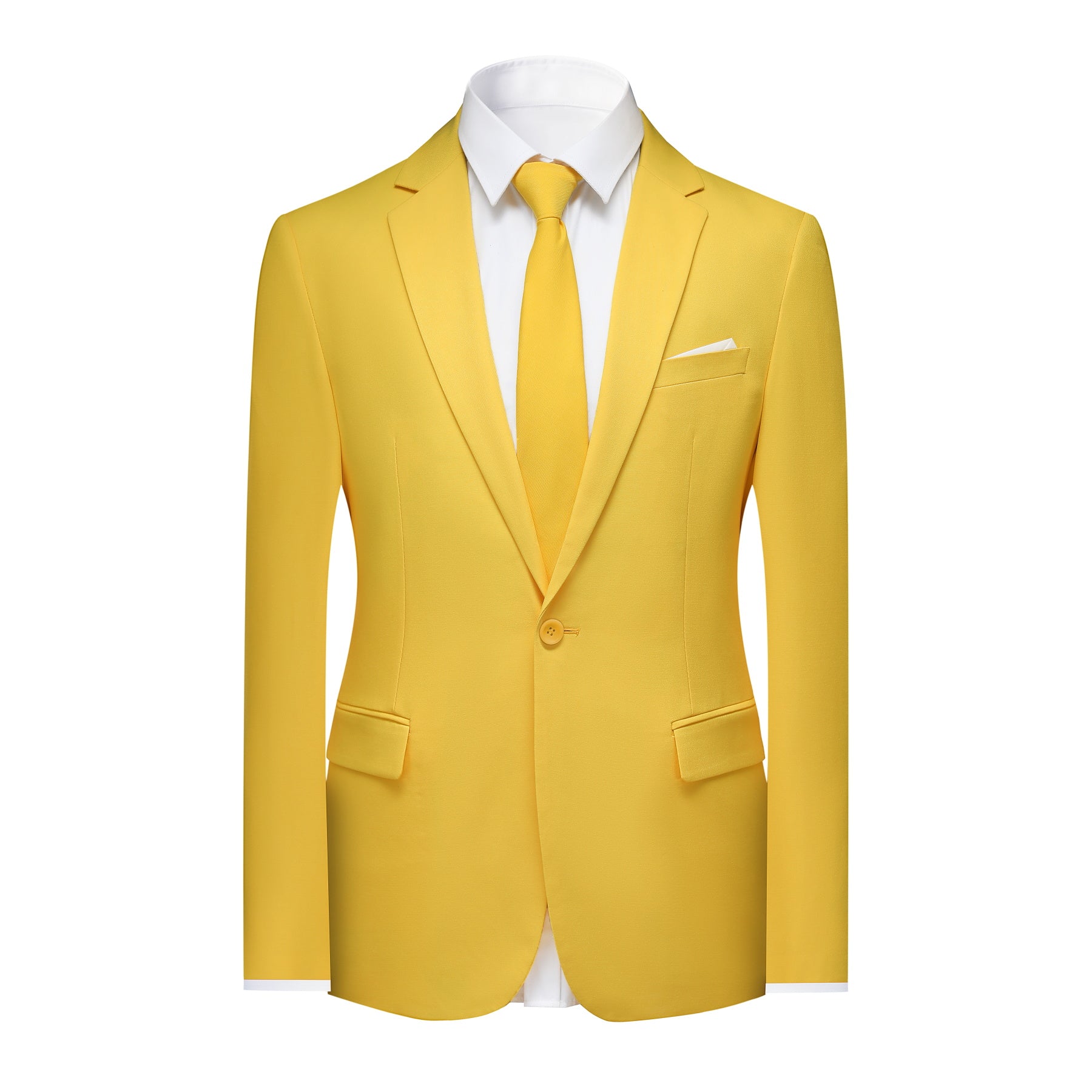 Yellow # Men's slim fit 2-piece suit set, solid yellow dress blazer and flat-front pants, single-breasted peaked lapel suit for casual business, wedding, prom and daily office wear, isolated on white background.