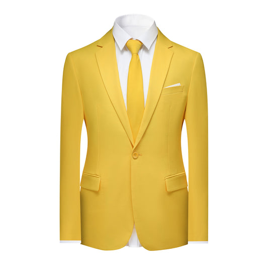 Yellow # Men's slim fit 2-piece suit set, solid yellow dress blazer and flat-front pants, single-breasted peaked lapel suit for casual business, wedding, prom and daily office wear, isolated on white background.