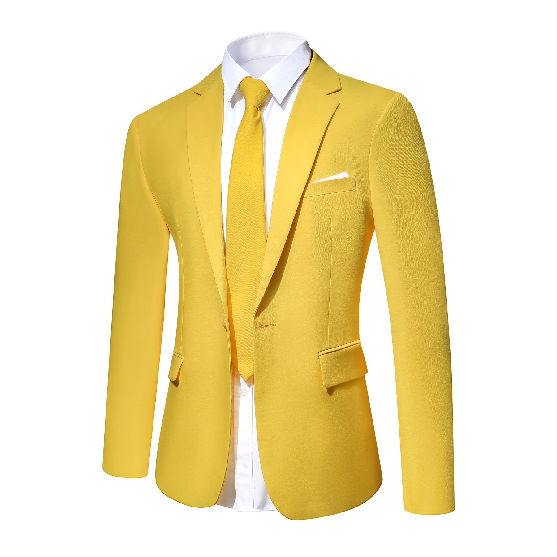 Yellow # Men's slim fit 2-piece suit set, solid yellow dress blazer and flat-front pants, single-breasted peaked lapel suit for casual business, wedding, prom and daily office wear, isolated on white background.