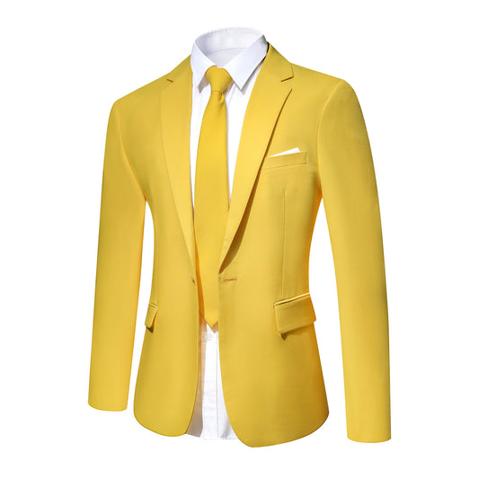 Yellow # Men's slim fit 2-piece suit set, solid yellow dress blazer and flat-front pants, single-breasted peaked lapel suit for casual business, wedding, prom and daily office wear, isolated on white background.