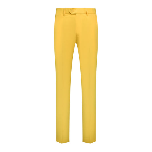 Yellow # Men's slim fit 2-piece suit set, solid yellow dress blazer and flat-front pants, single-breasted peaked lapel suit for casual business, wedding, prom and daily office wear, isolated on white background.