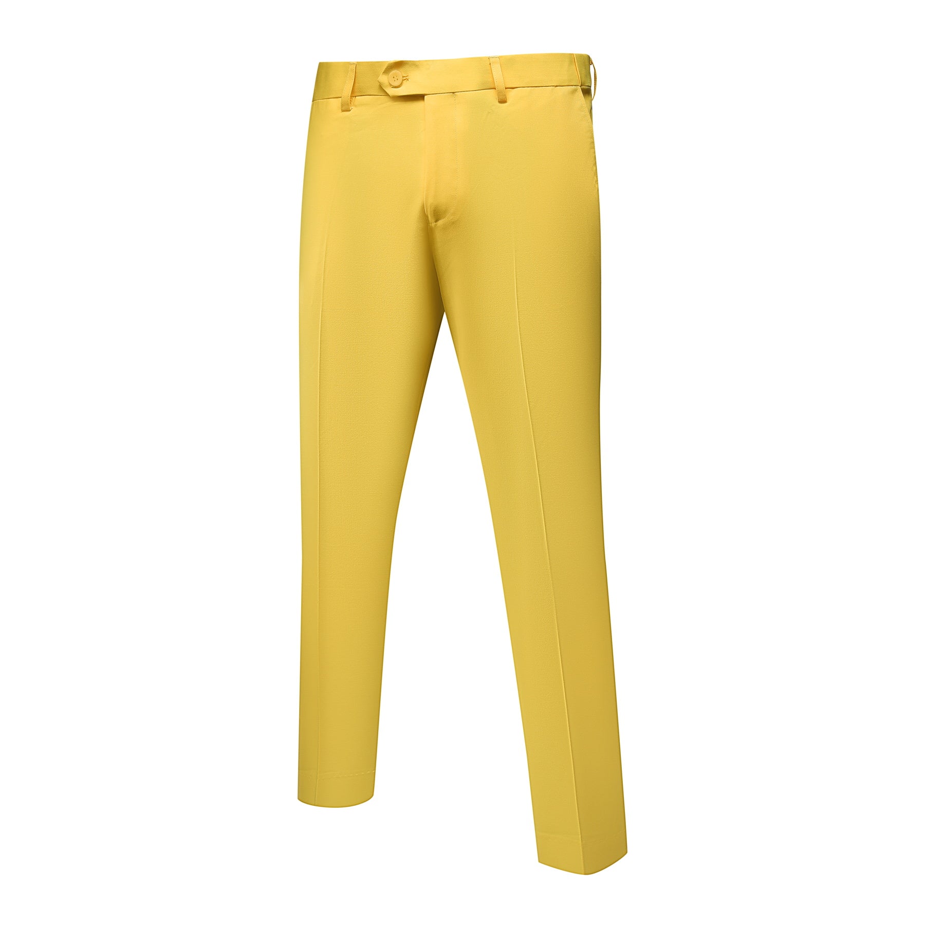 Yellow # Men's slim fit 2-piece suit set, solid yellow dress blazer and flat-front pants, single-breasted peaked lapel suit for casual business, wedding, prom and daily office wear, isolated on white background.