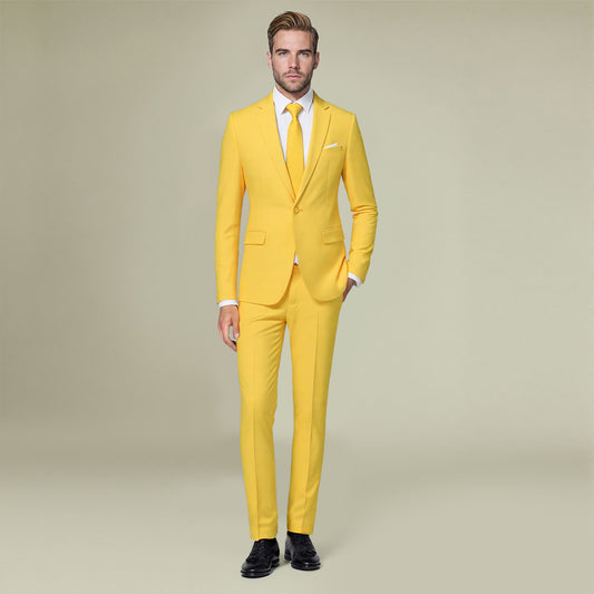 Yellow # Men's slim fit 2-piece suit set, solid yellow dress blazer and flat-front pants, single-breasted peaked lapel suit for casual business, wedding, prom and daily office wear, isolated on white background.
