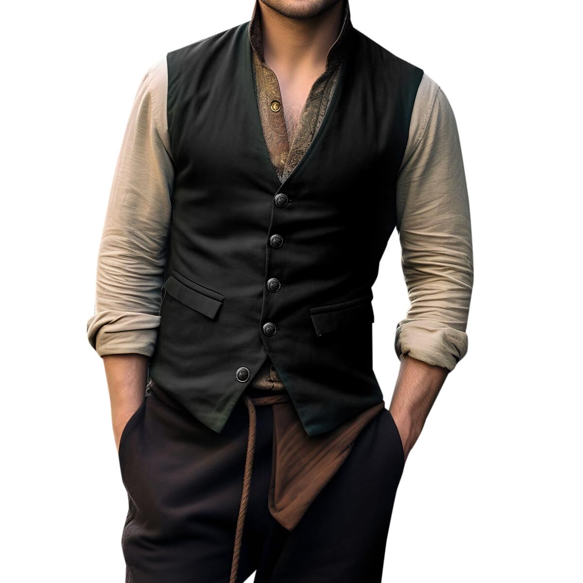 Black # Men's slim fit V-neck solid casual suit vest, button-down waistcoat with belt-on back and buckle closure, soft lightweight anti-wrinkle polyester fabric, versatile dress vest for daily wear, business, wedding, party and formal events, isolated on white background.