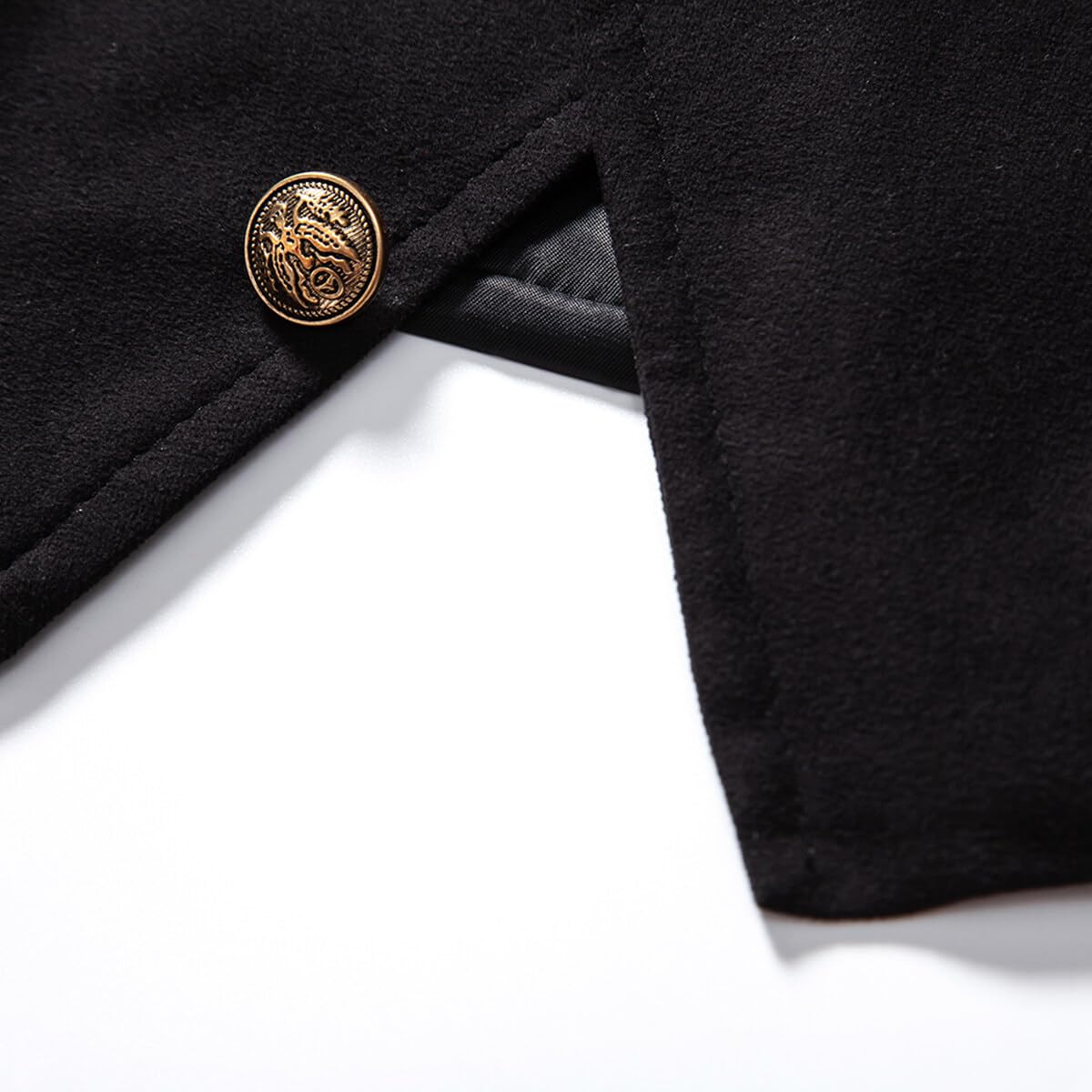 Black # Men's slim fit V-neck solid casual suit vest, button-down waistcoat with belt-on back and buckle closure, soft lightweight anti-wrinkle polyester fabric, versatile dress vest for daily wear, business, wedding, party and formal events, isolated on white background.
