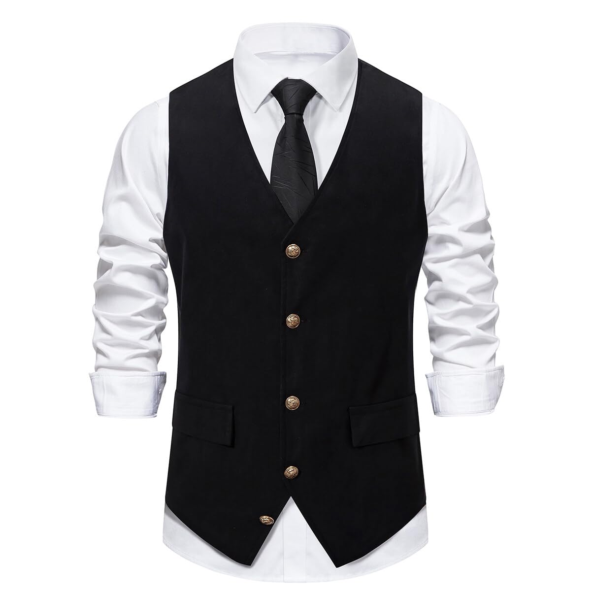 Black # Men's slim fit V-neck solid casual suit vest, button-down waistcoat with belt-on back and buckle closure, soft lightweight anti-wrinkle polyester fabric, versatile dress vest for daily wear, business, wedding, party and formal events, isolated on white background.